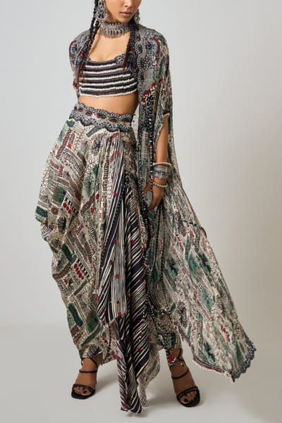 Nupur Kanoi Off-white printed cape and skirt set NUKNOV24D217