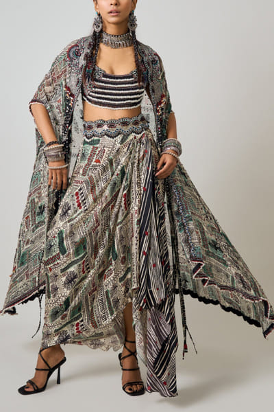 Nupur Kanoi Off-white printed cape and skirt set NUKNOV24D217