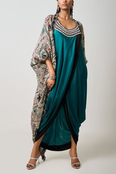 Off white printed gather cape and sack dress