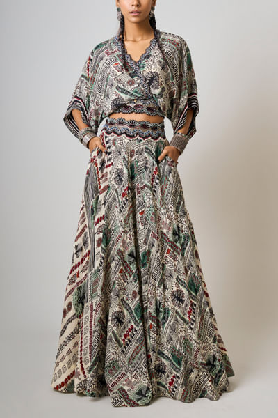 Off-white printed kaftan top and lehenga