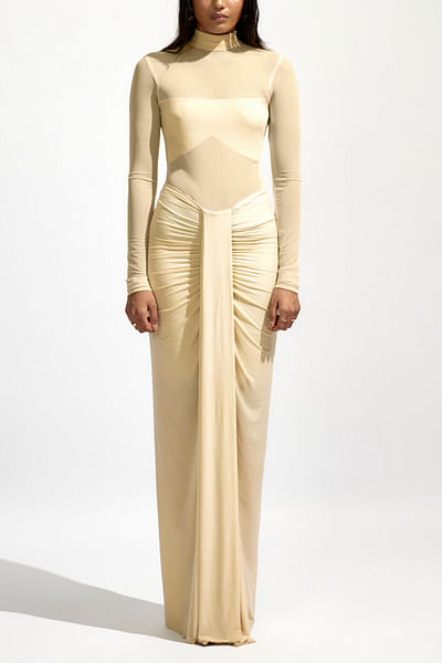 Off-white ruched and draped gown