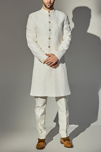 Off-white sequin embroidered achkan set