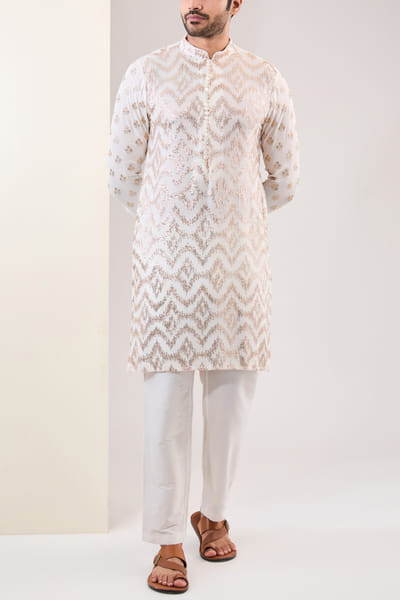 Off-white sequinned embroidered kurta set