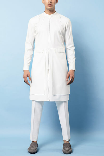 Off-white stud embellished layered kurta