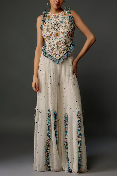Off-white tasselled mukaish sharara set
