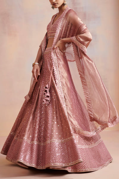 Old rose and plum mirror lehenga set