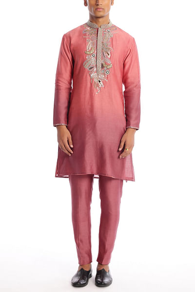 Old rose ombre appliqued kurta set