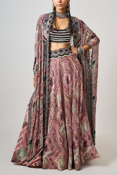 Nupur Kanoi Old rose printed kaftan jacket and lehenga set NUKNOV24D223