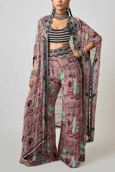 Nupur Kanoi Old rose printed kaftan jacket set NUKNOV24D221