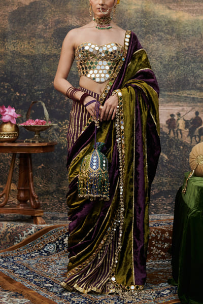 Olive and purple gota and mirror work sari set