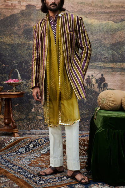 Olive and Purple striped gota sherwani set