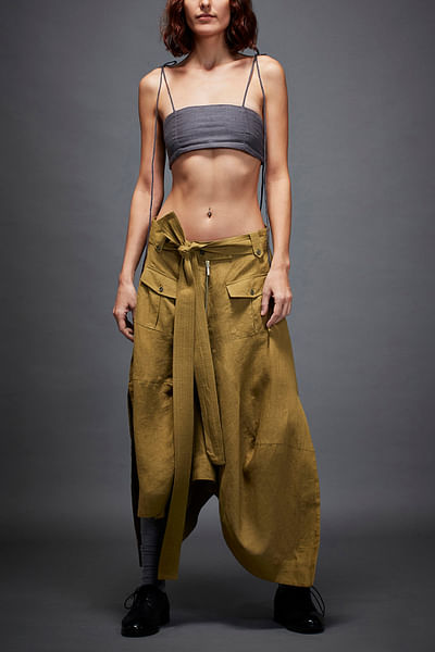 Olive belted asymmetric dhoti skirt