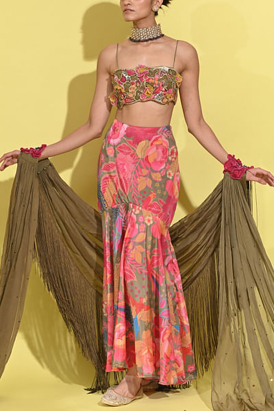 Olive cutwork crepe lehenga set