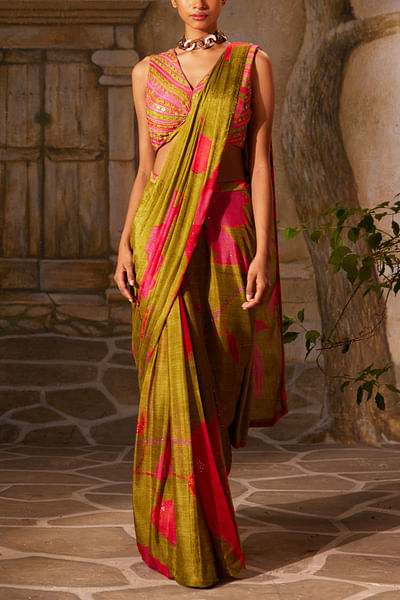Olive floral print pre-draped sari set