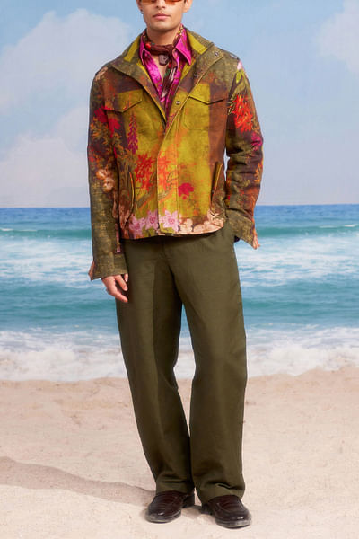 Olive floral printed biker jacket