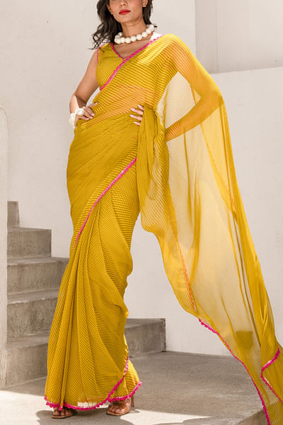 Olive green diagonal stripe printed sari set