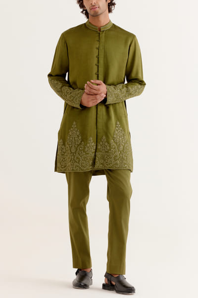 Devnaagri Olive green dori embroidery front open kurta set DEVDEC24D11884