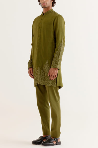 Devnaagri Olive green dori embroidery front open kurta set DEVDEC24D11884