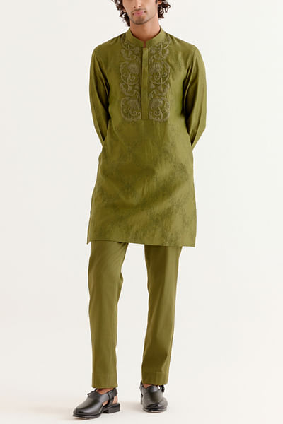 Olive green embroidered block printed kurta set