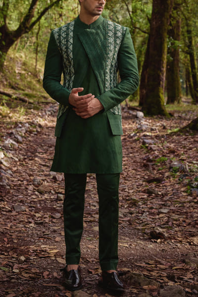 Varun Chakkilam Olive green embroidered jacket and kurta set VACAUG2432