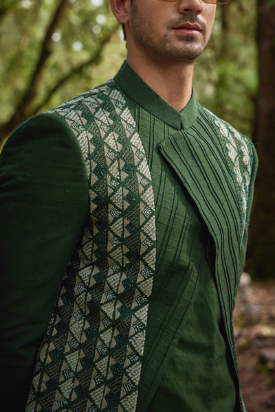 Varun Chakkilam Olive green embroidered jacket and kurta set VACAUG2432