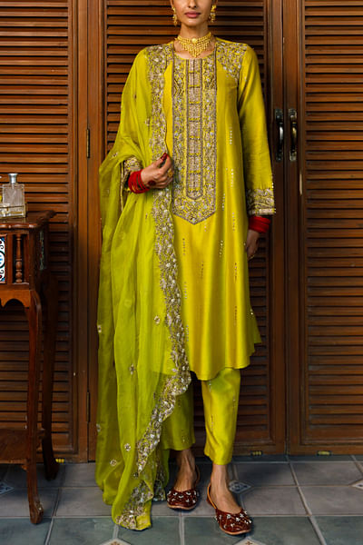 Olive green embroidered mukaish kurta set