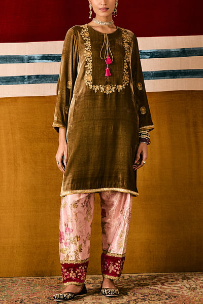 Olive green embroidered short velvet kurta set