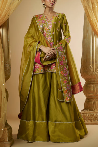 Olive green floral appliqued kurta sharara set