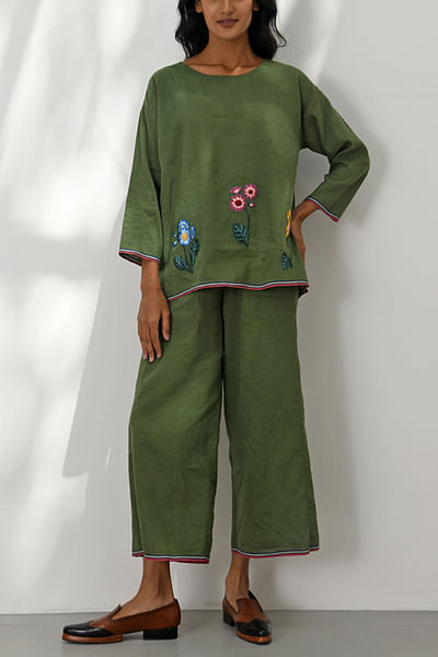Olive green floral appliqued top