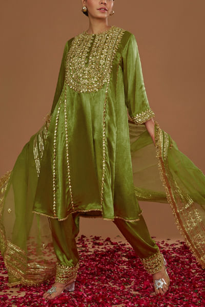 Olive green floral gota embellished kurta set
