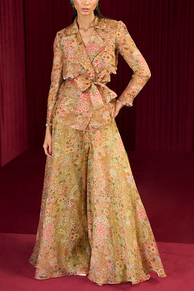 Olive green floral printed jacket and sharara set