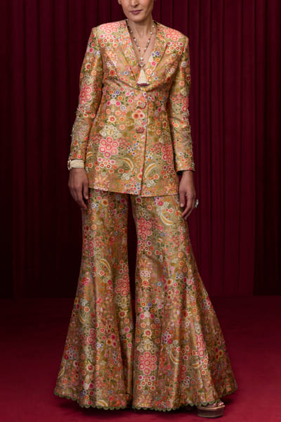 Olive green floral printed jacket set