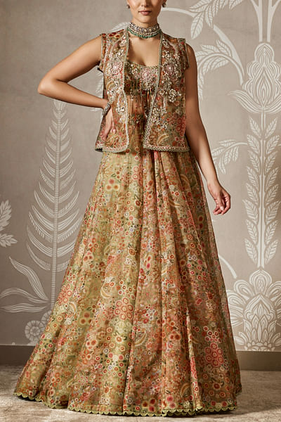 Olive green floral printed lehenga set