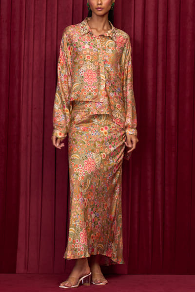 Olive green floral printed skirt set