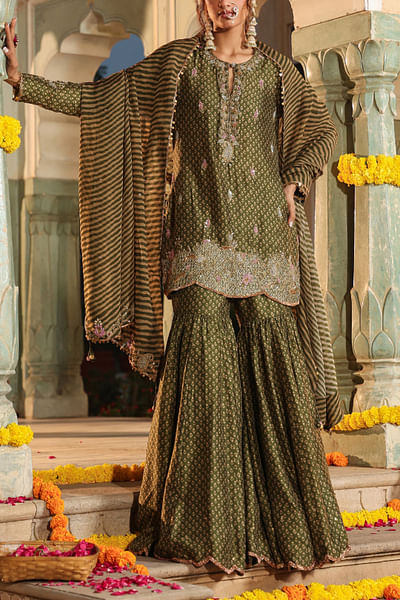Olive green motif printed sharara set