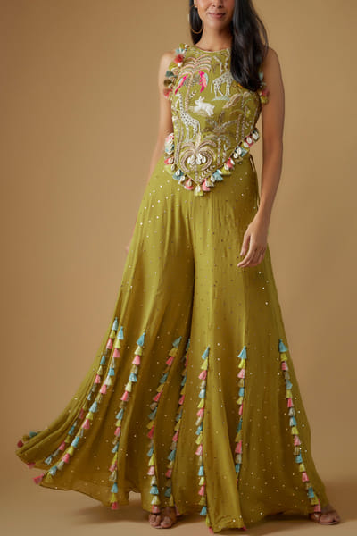 Olive green mukaish sharara set