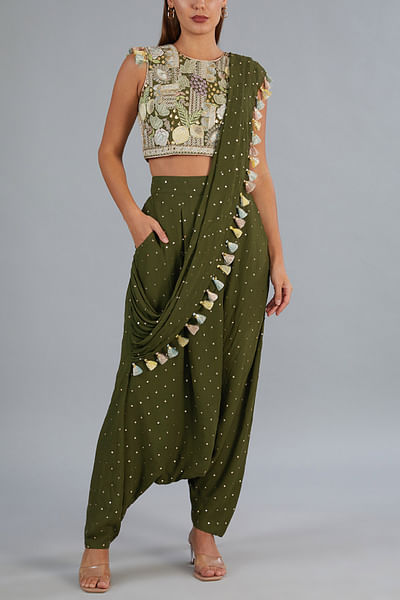 Olive green mukaish tassel draped pant set