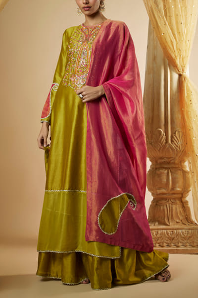 Olive green paisley embroidered kurta sharara set