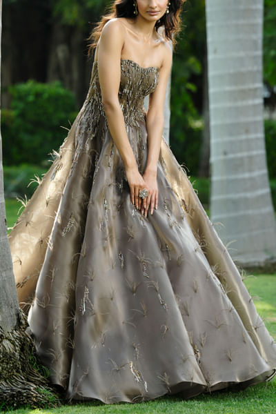 Olive green sequin embroidered strapless gown