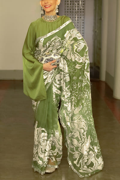 Olive green silk organza embroidered sari set