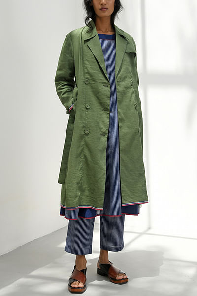 Olive green stitch detail trench coat