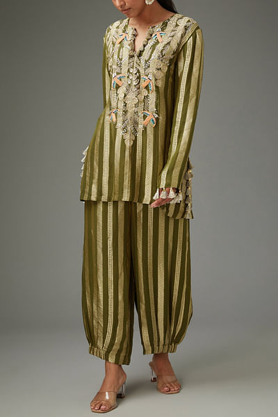 Olive green stripe banarasi kurta set