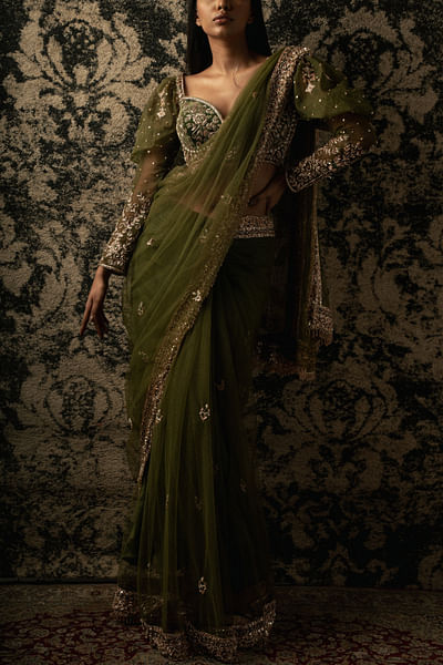 Olive green zardozi embroidered sari set