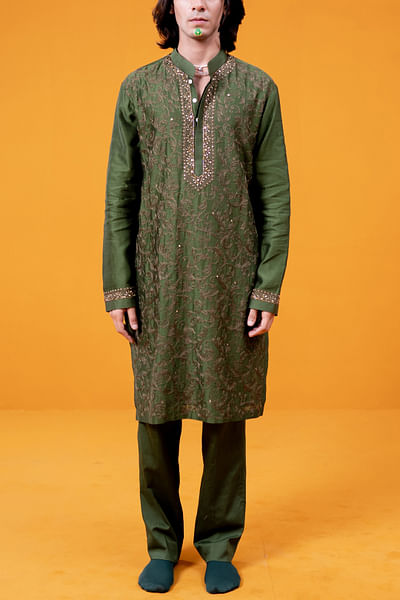 Olive leaf aari embroidered kurta set