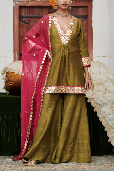 Itrh Olive mirror embroidered kurta and sharara set ITRMAR25D120007