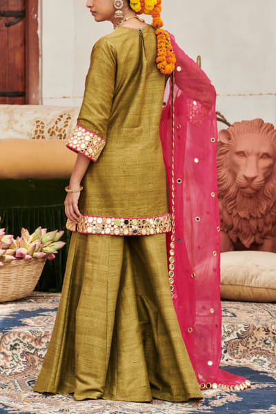 Itrh Olive mirror embroidered kurta and sharara set ITRMAR25D120007