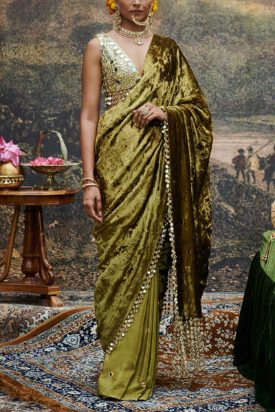Olive mirror tasselled sari set
