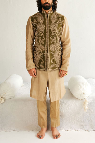Olive paisley embroidered bandi kurta set