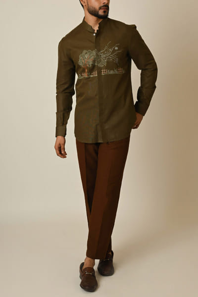 Paarsh Atelier Olive scenic embroidery shirt PATJUN24011
