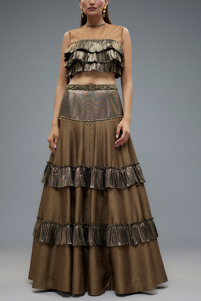Olive tiered frilled lehenga set